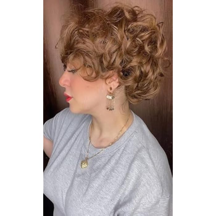 DILLARDS Elegant Short Curly Wig, Honey Blonde Synthetic Hair, Voluminous Style with Natural Looking Waves and Side Bangs - Image 1